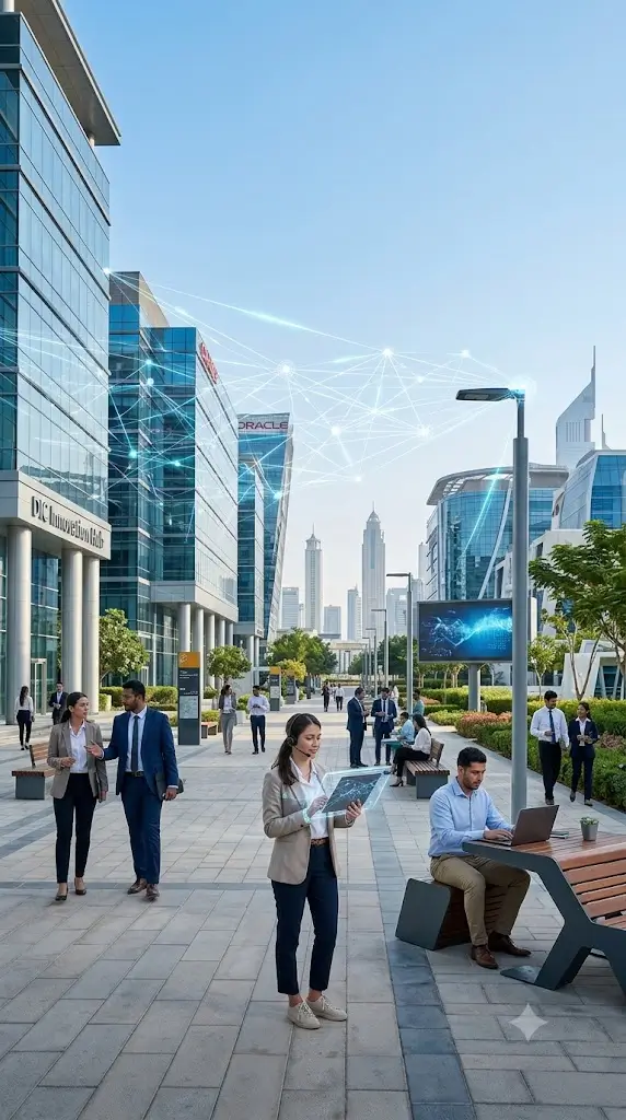 Office workers walking between the towers of Dubai Internet City