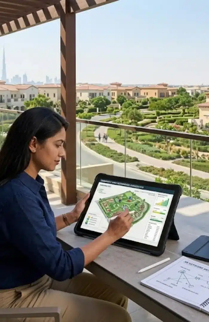 Homeowner reviewing a villa Wi-Fi coverage map on a tablet in Arabian Ranches