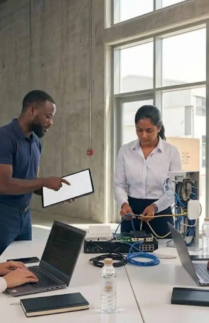 IT engineers testing network equipment for a Dubai Investment Park business