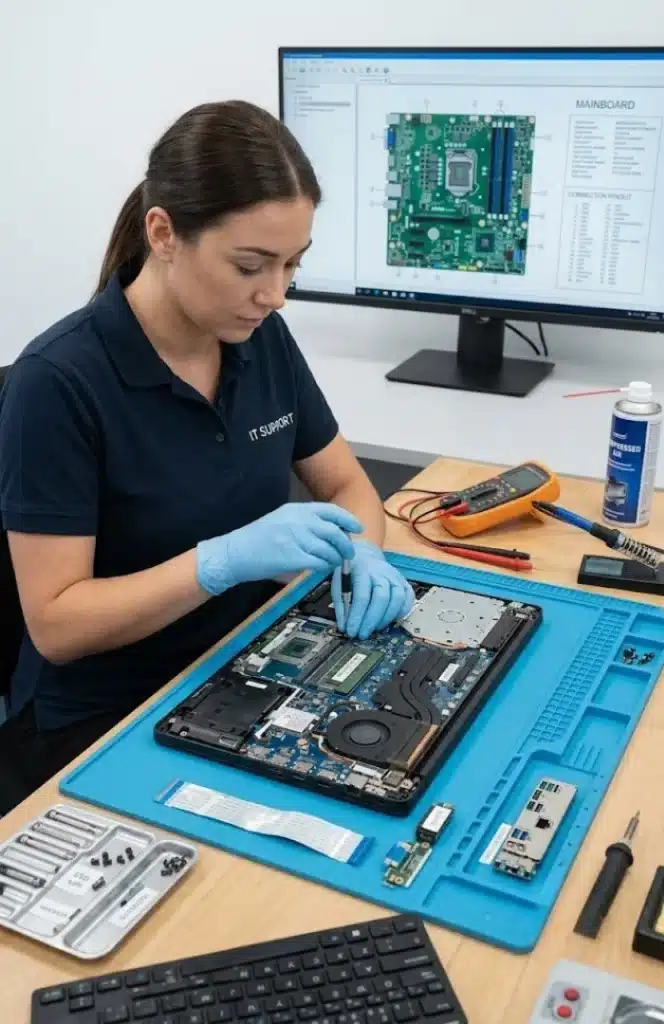 IT engineer troubleshooting a laptop at a client desk in Dubai
