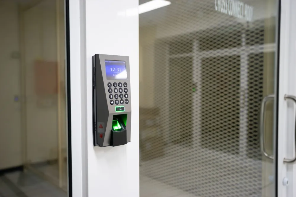 Electronic access control door lock panel installed at a secure office entrance