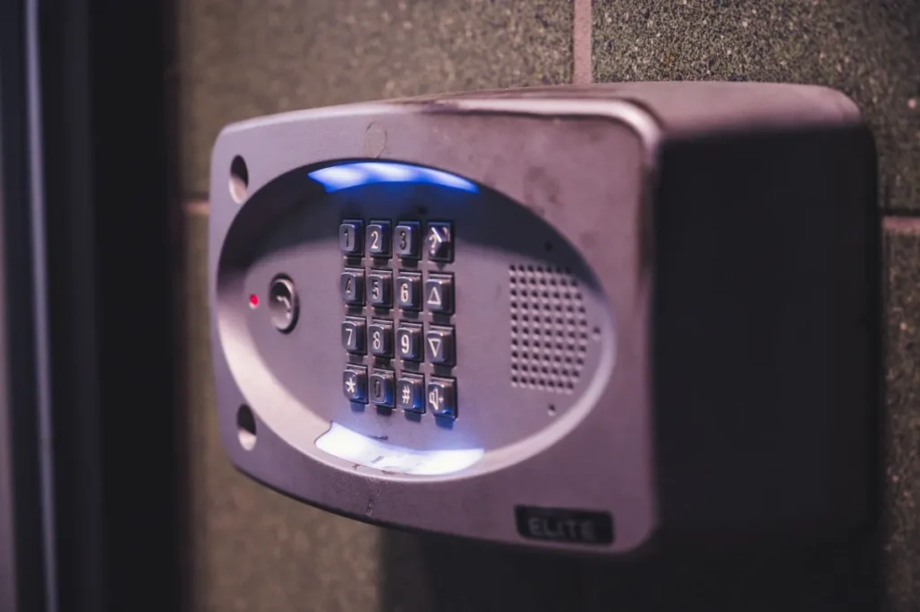 Smart door lock and CCTV security system installed at a Downtown Dubai office entrance