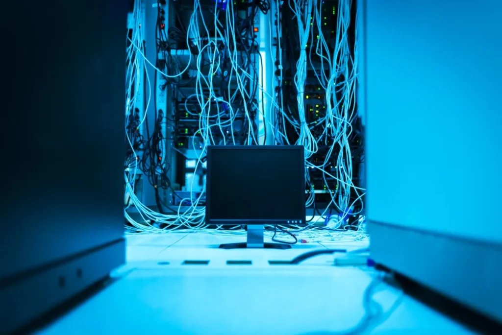 IT engineer performing annual maintenance on a server rack in a Downtown Dubai office