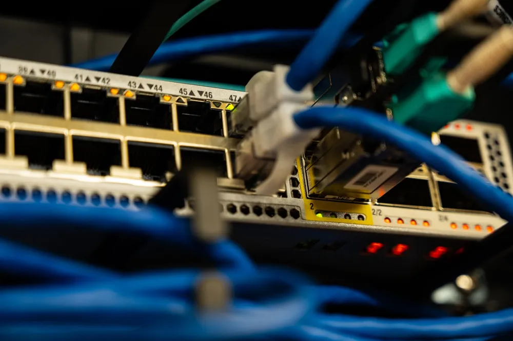 Managed network switch installed in office server rack for reliable connectivity